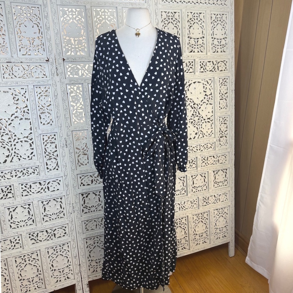 Topshop‎ Heart Print Long Sleeve Wrap Dress Sz 8 Midi Grunge Milkmaid Whimsigoth